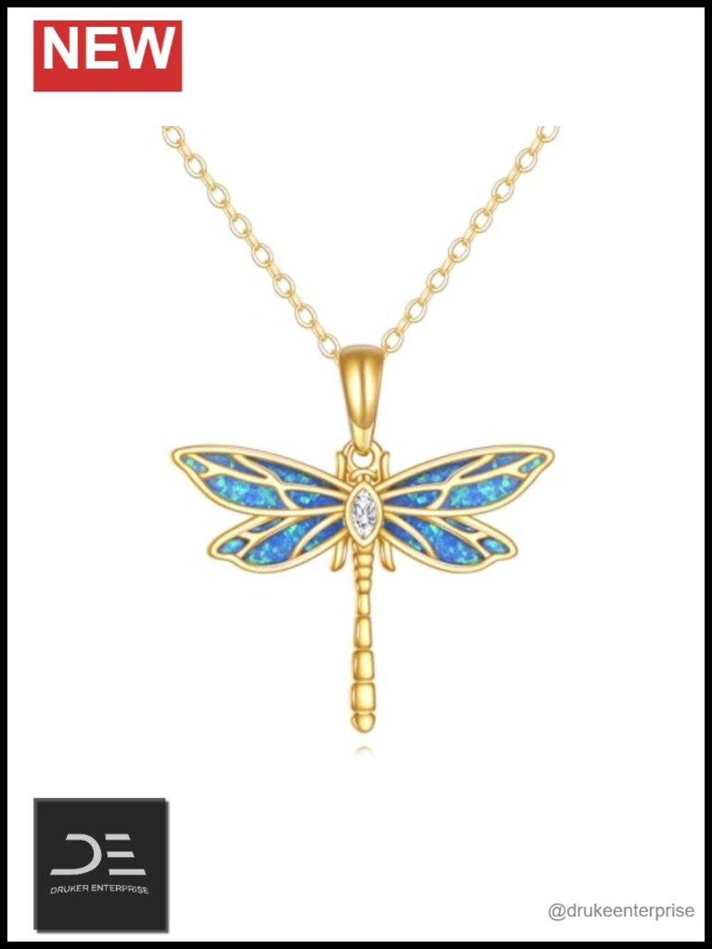 14K Real Solid Gold Dragonfly Pendant Necklace for Women